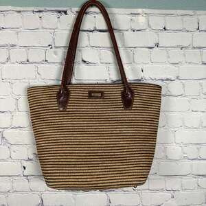 Eric Javits Stripe Black & Beige Straw Leather Tote Handbag